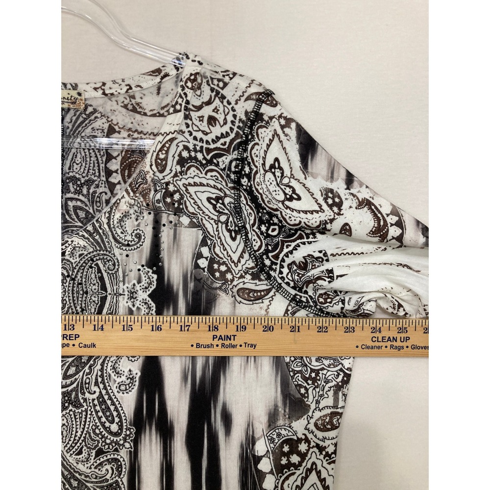 World Unity Top XL Brown White Paisley Ikat V-Neck Rhinestone 3/4 Sleeve Boho - Picture 5 of 8
